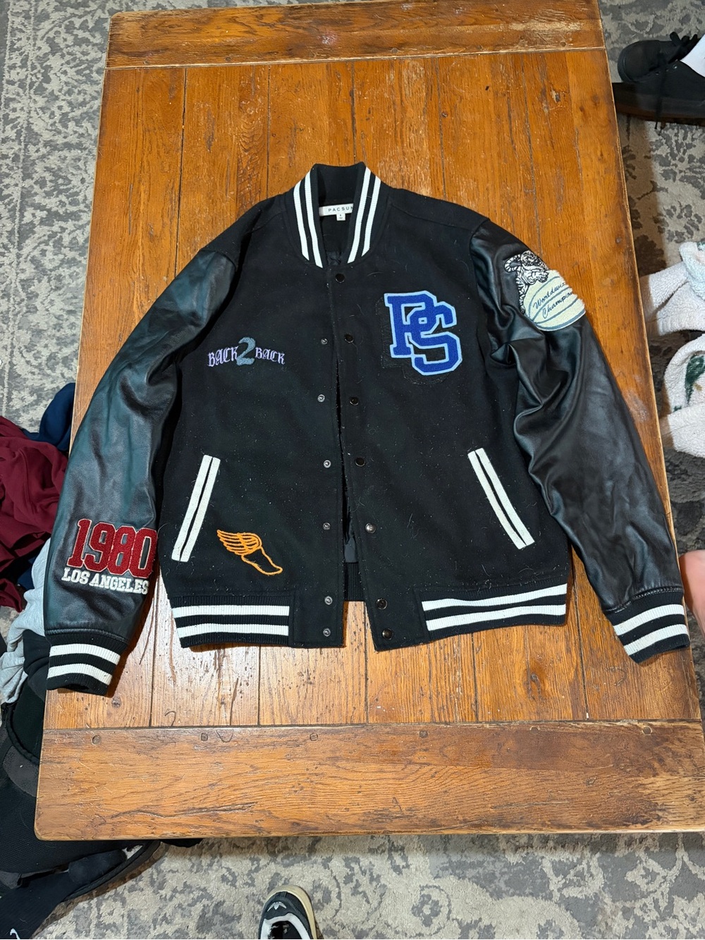 PacSun Black Varsity Jacket with Leather Sleeves and Patches